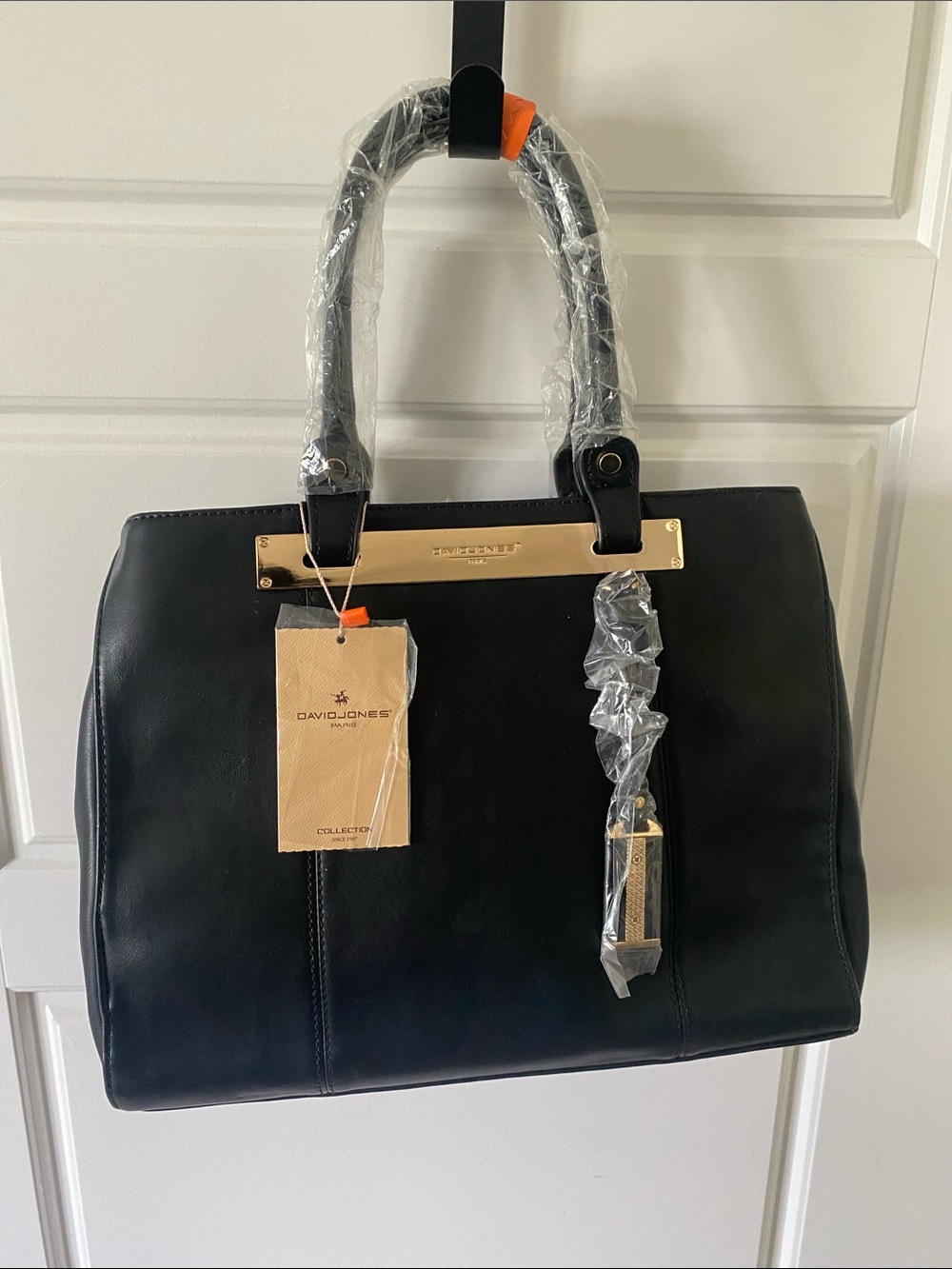 David Jones Black Satchel with Gold Accent Hardware